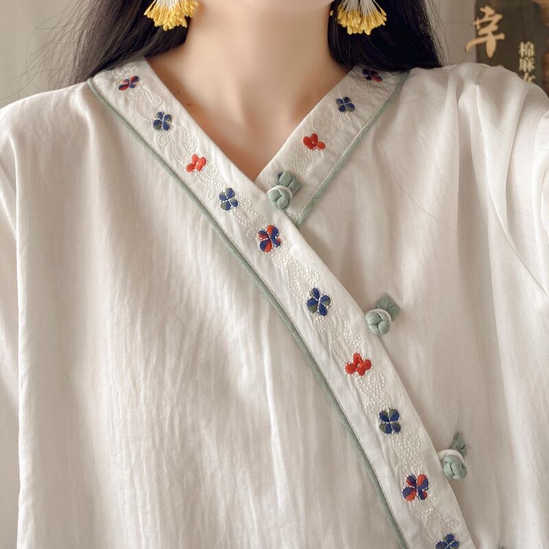 [Happiness series] ★China style shirt★ 5color embroidery tops ethnic style V neck retro green white purple yellow