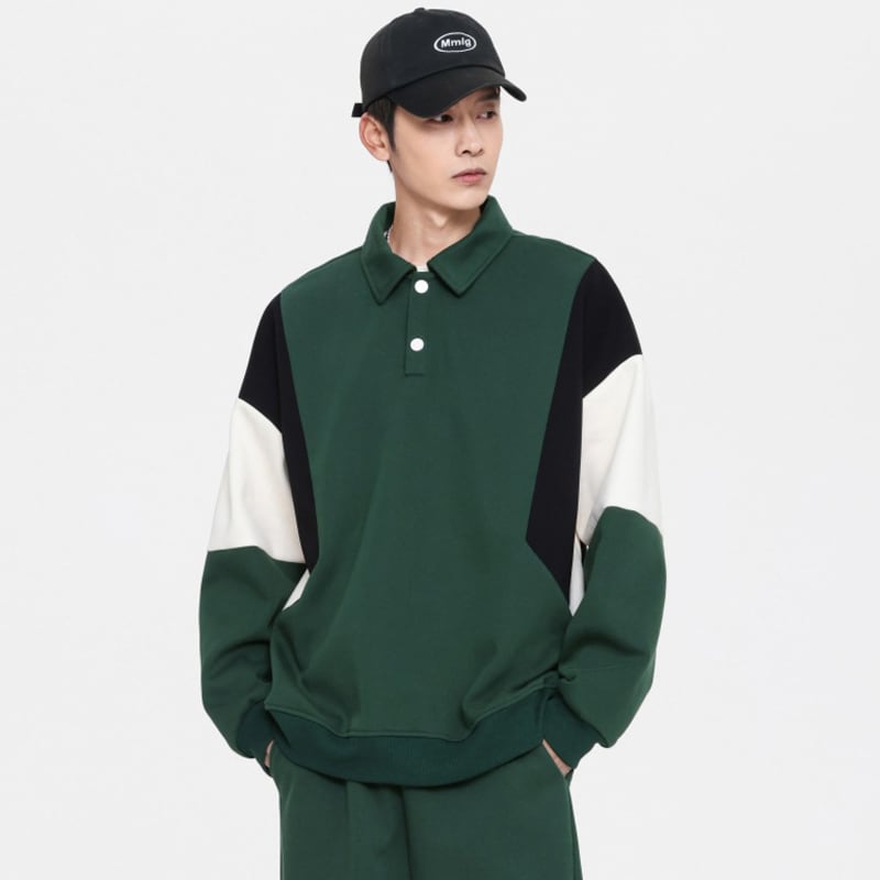 [DLSJ Series] ★Tops★ 4color POLO neck unisex men's long sleeve tops Color scheme black green white brown