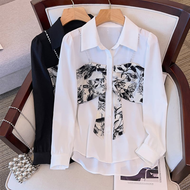 [BAITANG series] ★China style shirt★ 2color tops long sleeve shirt fake layered ink pattern black white