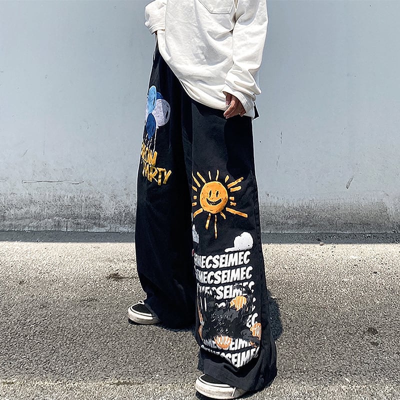 [ulzzang series]★Pants★ Wide pants denim pants black men's sun balloon graffiti cool bright