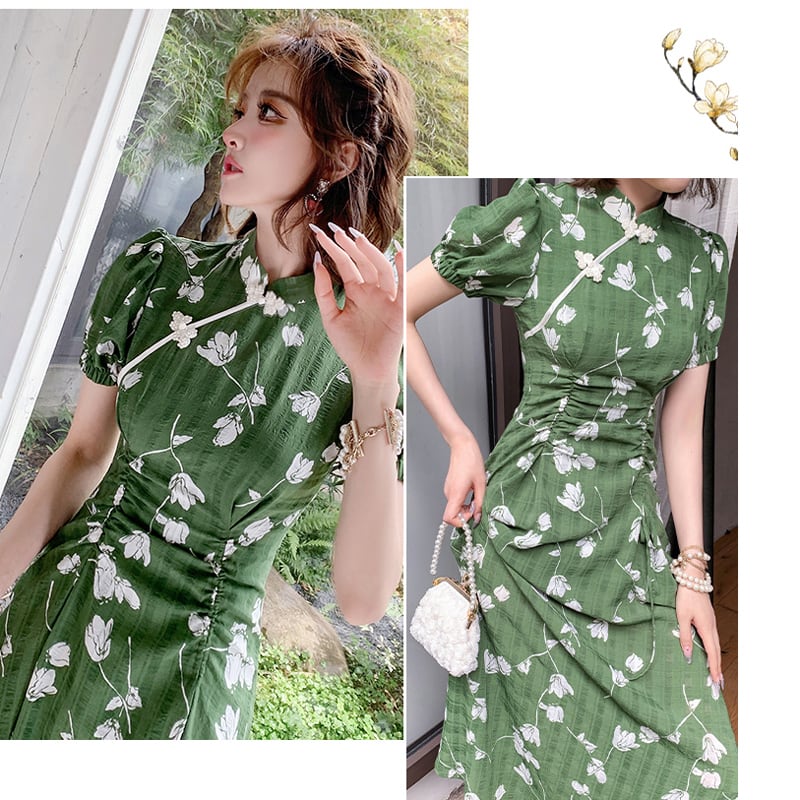 [Weice series] ★China style dress★ Improved cheongsam dress Floral pattern dress Slimming green Green