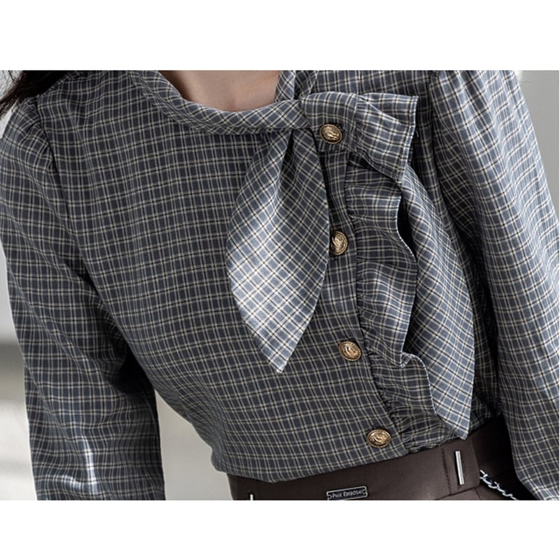 [GUIDUO Series] ★Shirt★ Tops, Long Sleeve Shirt, Plaid Pattern, Ladies, Improves Temperament, Ribbon, Cute, Date, Commuting