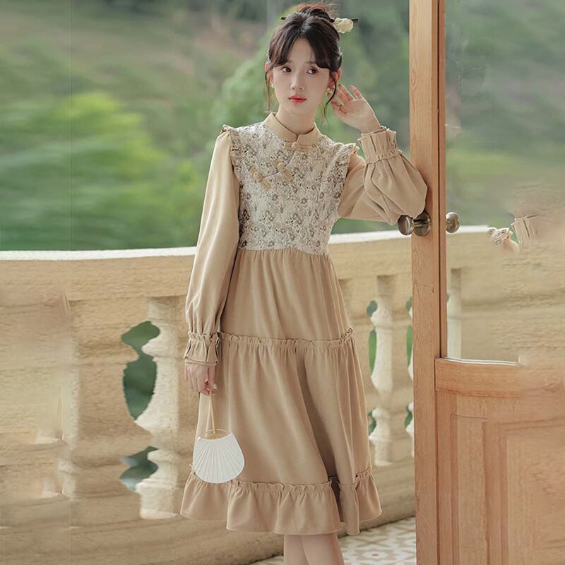 [YUJIAN series]★China style dress★ Switchable, retro, easy to match, date, improves temperament, commuting, floral pattern