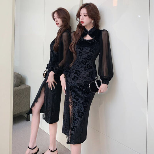 [Hundred Minute Eight Series] ★Cheongsam Dress★ Velvet Switching Floral Pattern Slimming Sexy Black Black SML XL