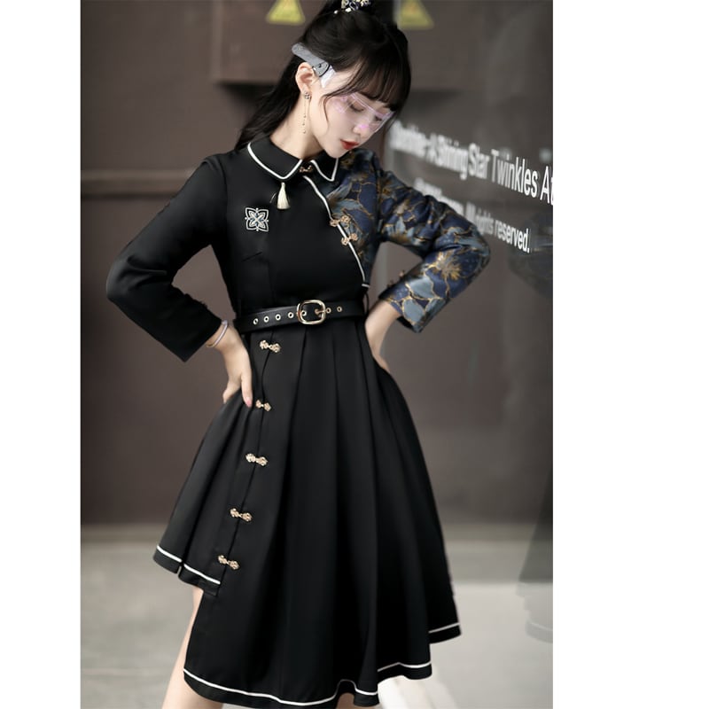 Manager recommended! [Dust Smoke Cloud Dream---Fightless City Series] ★China style dress★ With belt, long sleeves, switching, floral pattern, black, black, irregular, SML