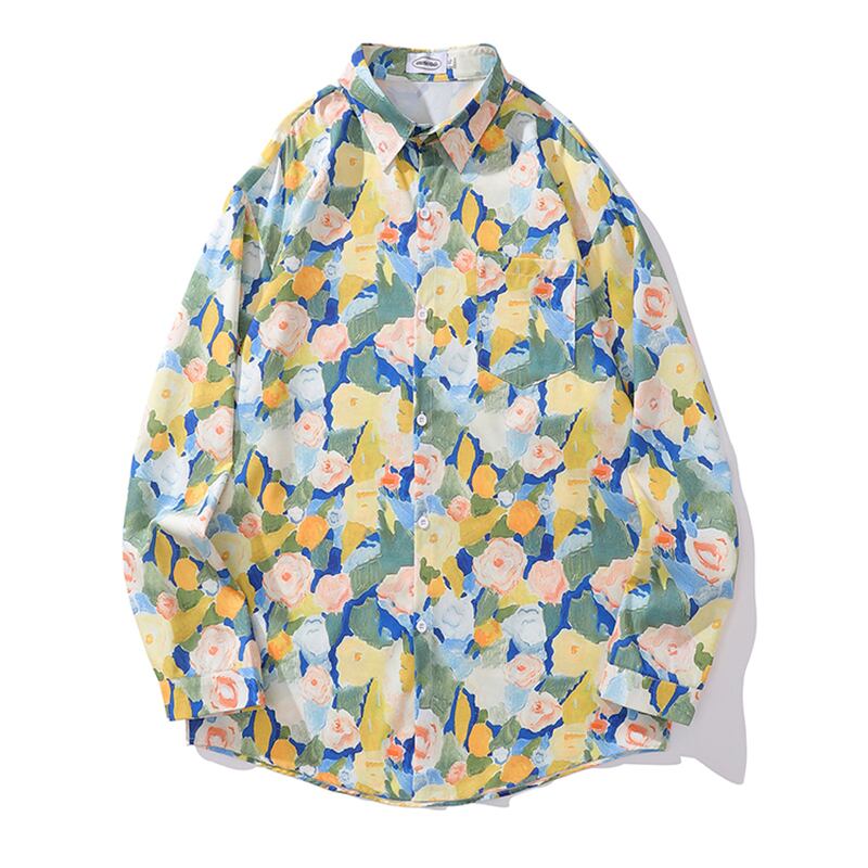 [TRAVEL ISSUANCE Series] ★Floral pattern shirt★ Long sleeve shirt tops, unisex, men's, yellow, blue, oil painting style, cute