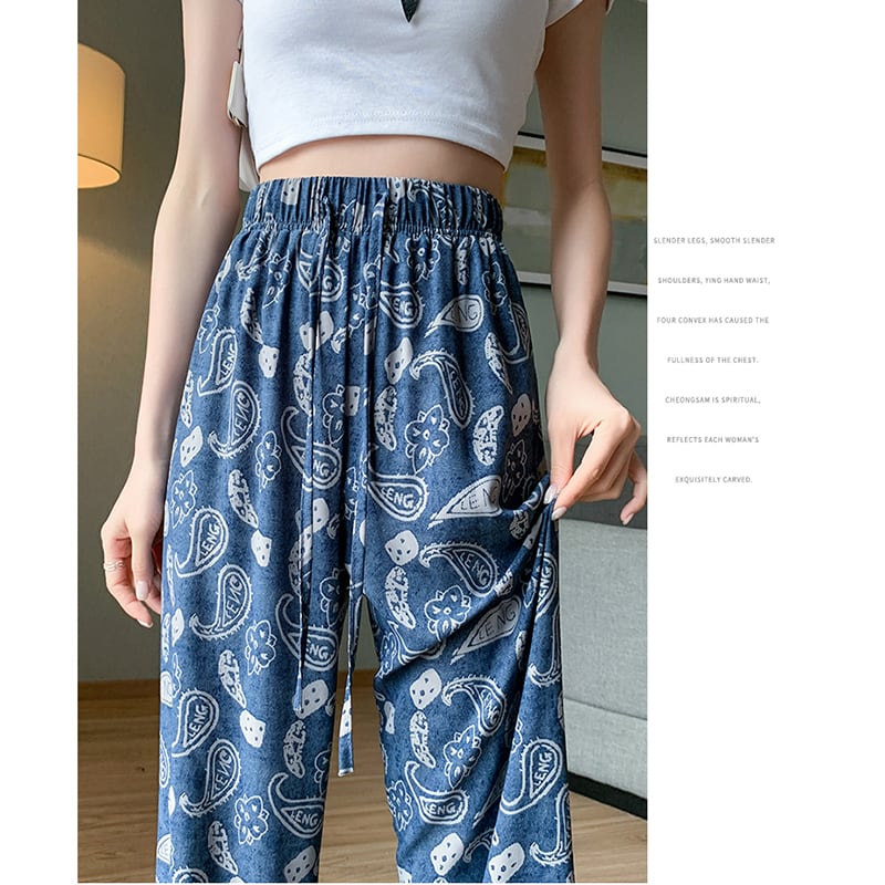 [FENGLIN Series] ★Casual Pants★ Bottoms Trousers Cool Blue Blue Slimming Print Summer Clothes Paisley