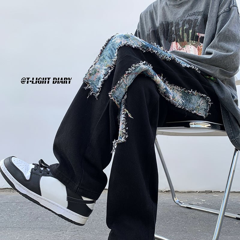 [Yurin Series]★Pants★ 2color Bottoms Denim Pants Oil Painting Style Black Unisex Men's Large Size