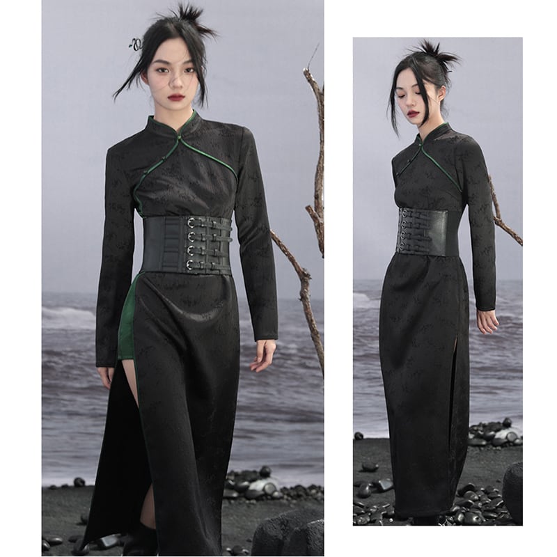 [Da Qinglong Shu Series]★Chinese style dress★ Improved Chinese dress, long sleeves, switching, long length, original, improves temperament, Chinese clothes, black