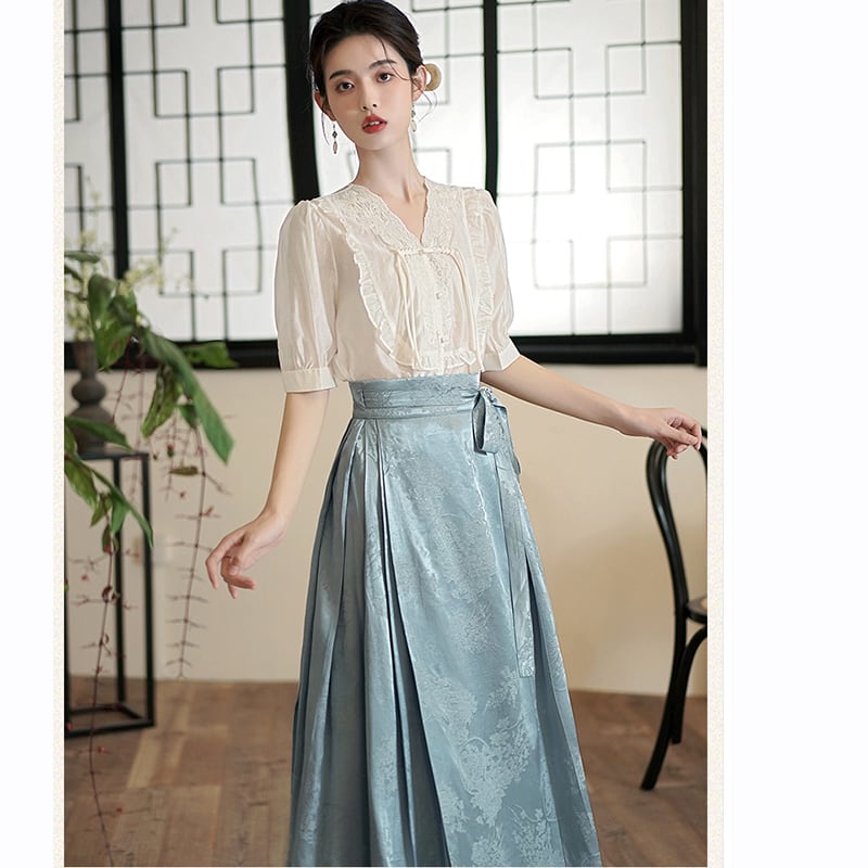 [QIYC Series] ★Chinese style shirt★ V-neck short sleeve tops, summer clothes, improves temperament, improved Hanfu, Hanfu tops, gives a gentle impression