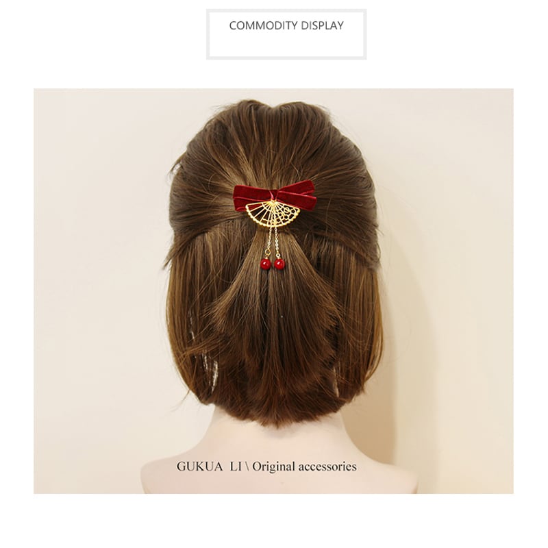 [GUKUA LI Series]★Hair Ornaments★ 2color Pair Accessories Ribbon Fan Velvet Red Black Red Black