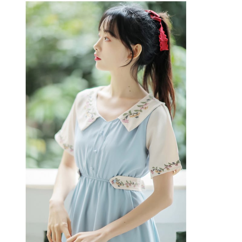 [Poetry Series] ★Chinese-style dress★ 2 colors Dress Embroidery Green Blue SML XL Improve your temperament Cute