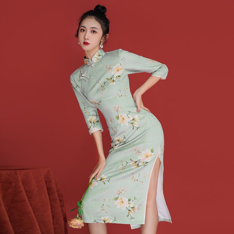 [Agoya Yui Series]★Cheongsam dress★ Floral pattern dress Green Fresh literary style Long length