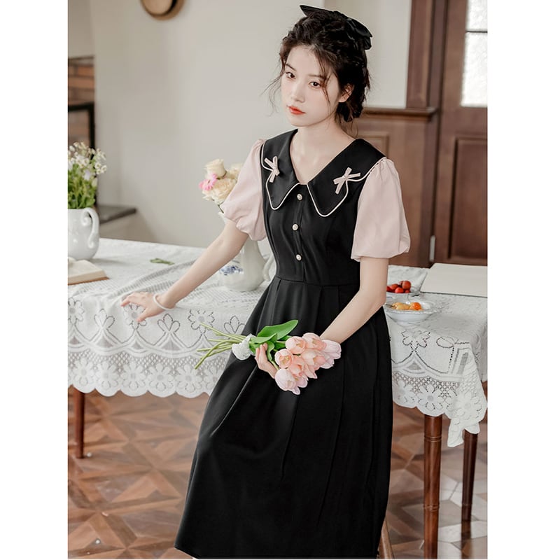 [White Moonlight Series]★China style dress★ 2color short sleeve dress summer clothes fake layered ribbon