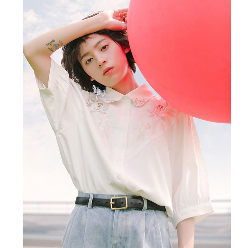 [Yang's Great Dream Series]★China Style Shirt★ Tops Embroidery Bubble Sleeves Short Sleeves White White Improves Temperament