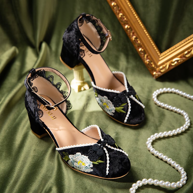 [BAIQIN Series]★Embroidered shoes★ 3color Chinese shoes High heels Chinese dress shoes Velvet Heel 5cm