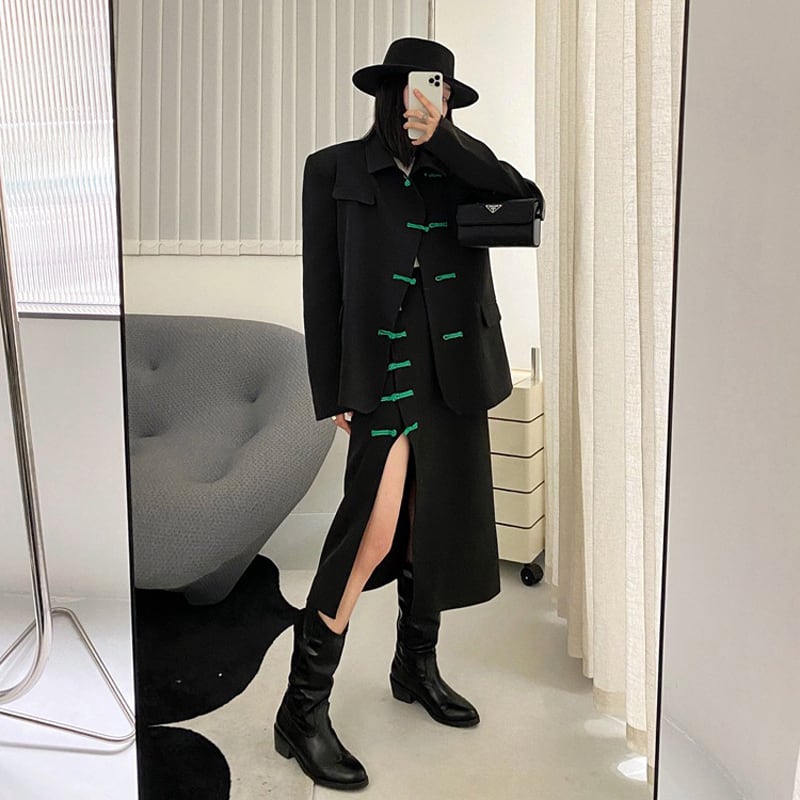 [OCTOBER Series]★China style skirt★ Slit green Green Chinese button Black Black slimming