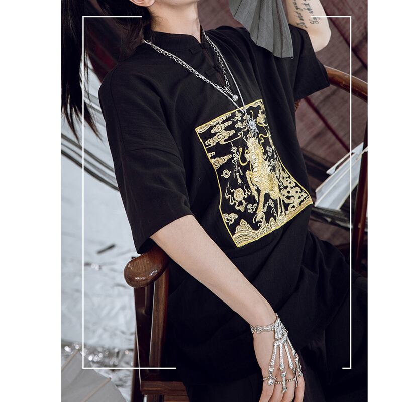 [Kyodo Series]★China style shirt★ 2color black or white original embroidery cotton linen SML XL unisex men's couple clothes