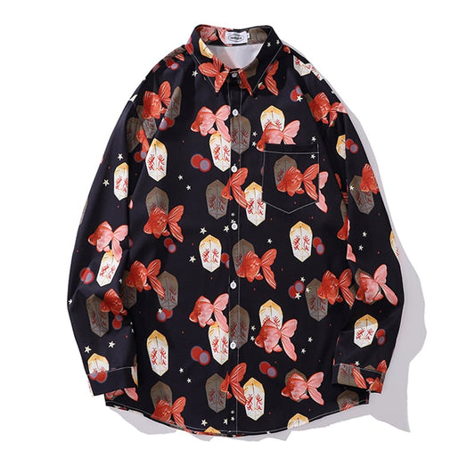 [TRAVEL ISSUANCE Series]★Shirt★ Long sleeve shirt tops unisex men's goldfish black red casual