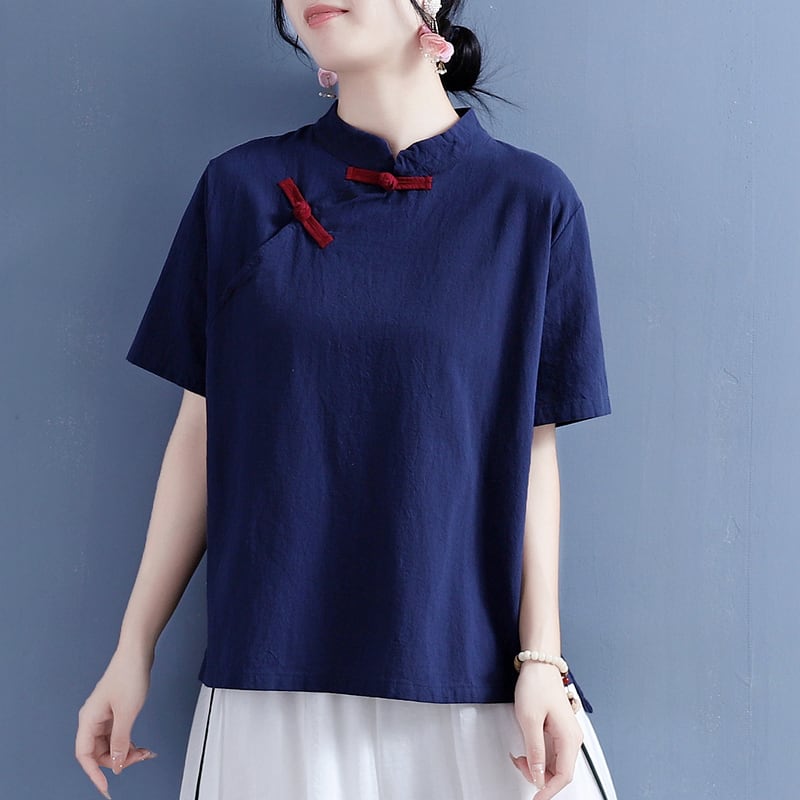 [Qing series]★Chinese style tops★ 3color color scheme Chinese clothes summer improved Tang clothes retro navy black white