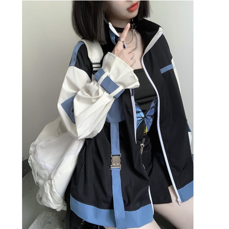 [Momoko Sakura Series] ★Jacket★ Outerwear cute color scheme original white blue black easy to match ladies