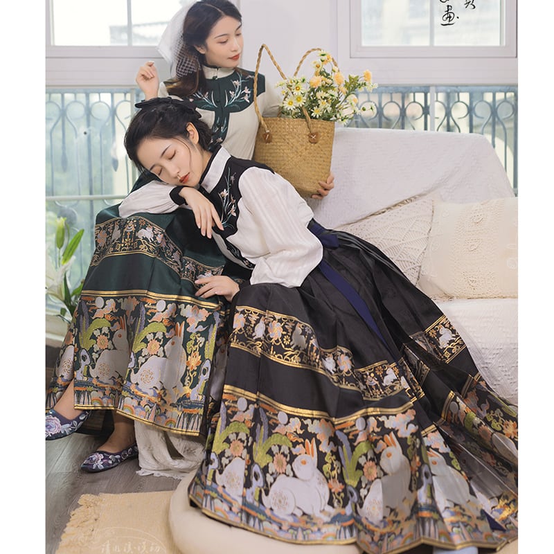 [Shimizu Kei Series] ★Long Skirt★ Limited Quantity Chinese Clothing Pleated Skirt Hanfu Wrap Skirt Rabbit Yoshigumo Black Green Blue