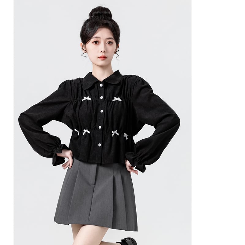 [WEIWU Series]★Shirt★ Tops Ladies Short Length Corduroy Black Cute Stylish