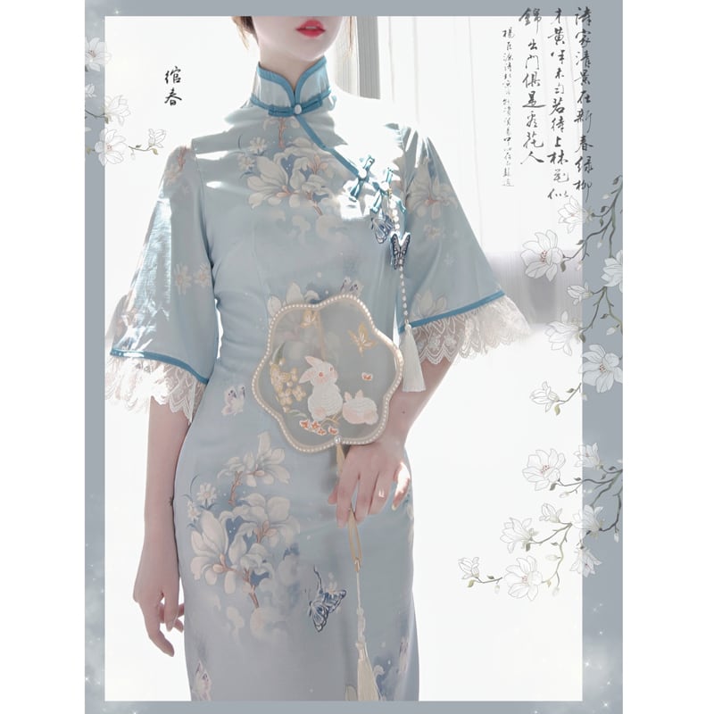 [Dust Smoke Cloud Dream --- Unlan Jade Nishiki Series]★China-style dress★Cheongsam dress, Chinese clothes, short sleeves, long length, butterfly ornament included