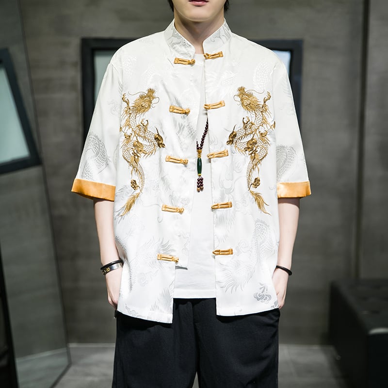 [JUNYI Series]★Chinese Style Shirt★ Embroidery Dragon 2color Unisex Men's Large Size Chinese Clothes Black White