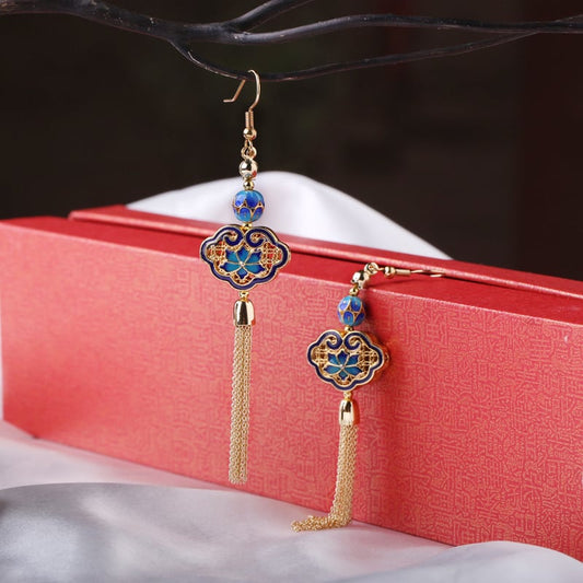 [Smoke Rain Gangnam Series] ★Chinese style earrings★ Pair of earrings or earrings, retro fringe, blue, improves temperament