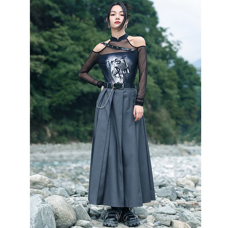 [Big Blue Dragon Series] ★China style T-shirt★ Tops, off-the-shoulder, black, slimming, stylish, easy to match