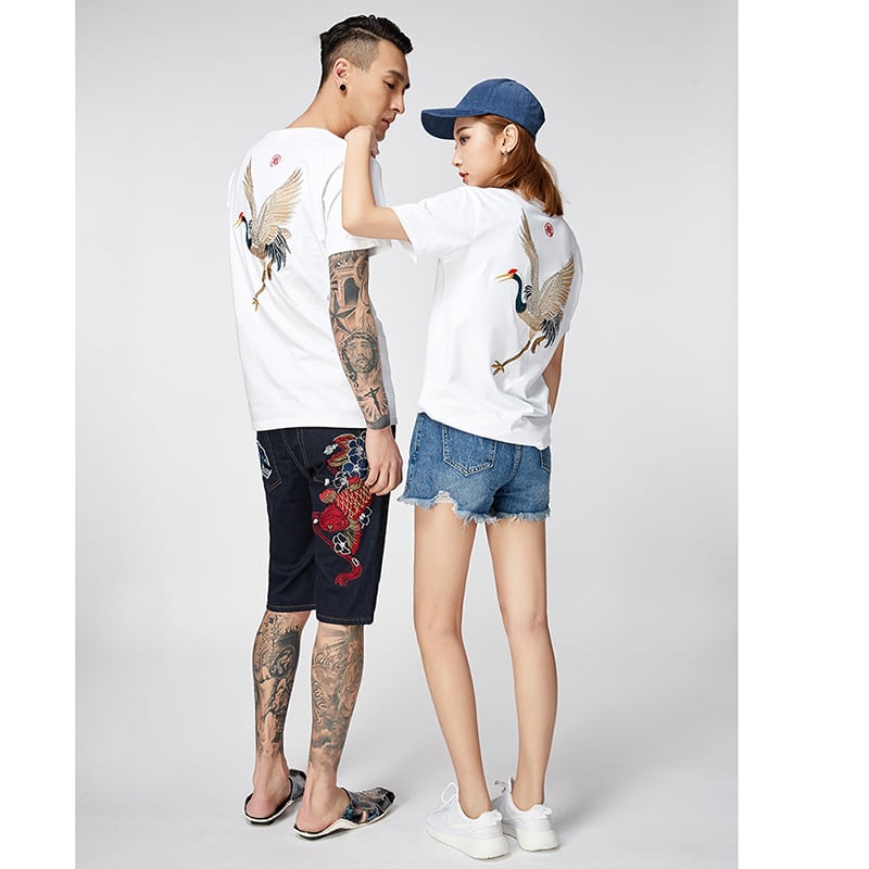 [JPYZ Series]★China style T-shirt★ 2color tops unisex men's crane embroidery black white cotton