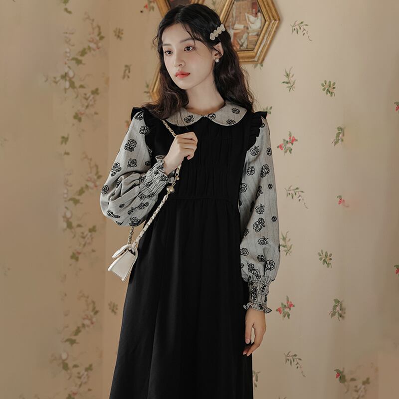 [ZITAIMEIGUI Series] ★One Piece★ Long Length Switching Floral Pattern Women's Commuting Date Black Black