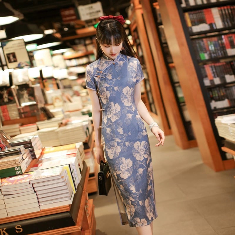 [YIJIA Series]★Cheongsam dress★ Long length one piece floral pattern blue party wedding large size