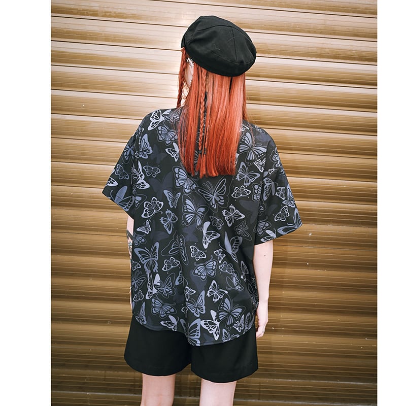 [Ancient monster house --- Butterfly series]★China style shirt★ Tops short sleeve shirt black black butterfly print color scheme