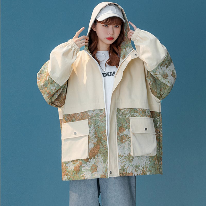 [Fujiiman Series]★Jacket★ Outerwear 2color Floral Pattern Switching Unisex Unique Large Size Beige Blue