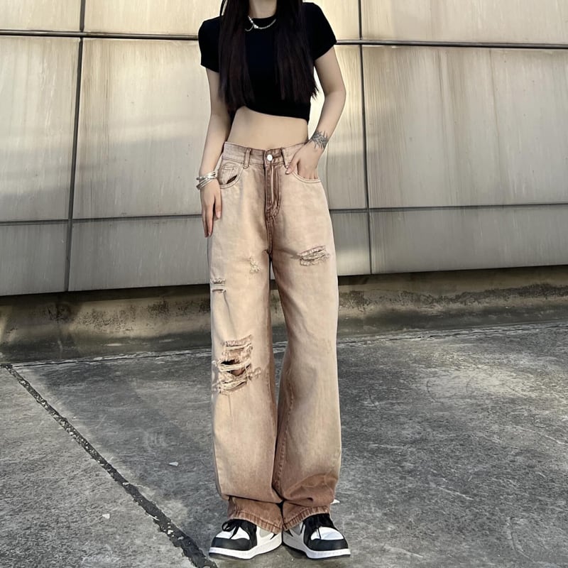 [SUFEI Series]★Denim Pants★ Trousers Bottoms Casual Distressed Unisex Brown Fashion