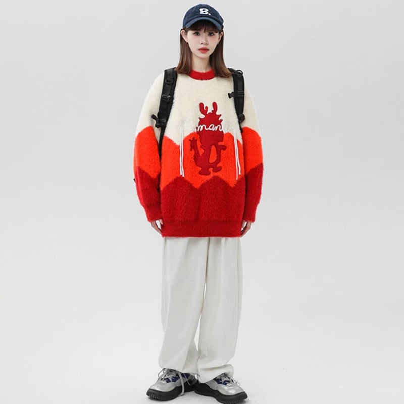 [Fujiiman Series] ★Sweater★ 3color Knit Tops Cartoon Dragon Unisex Men's Black Red Pink New Year