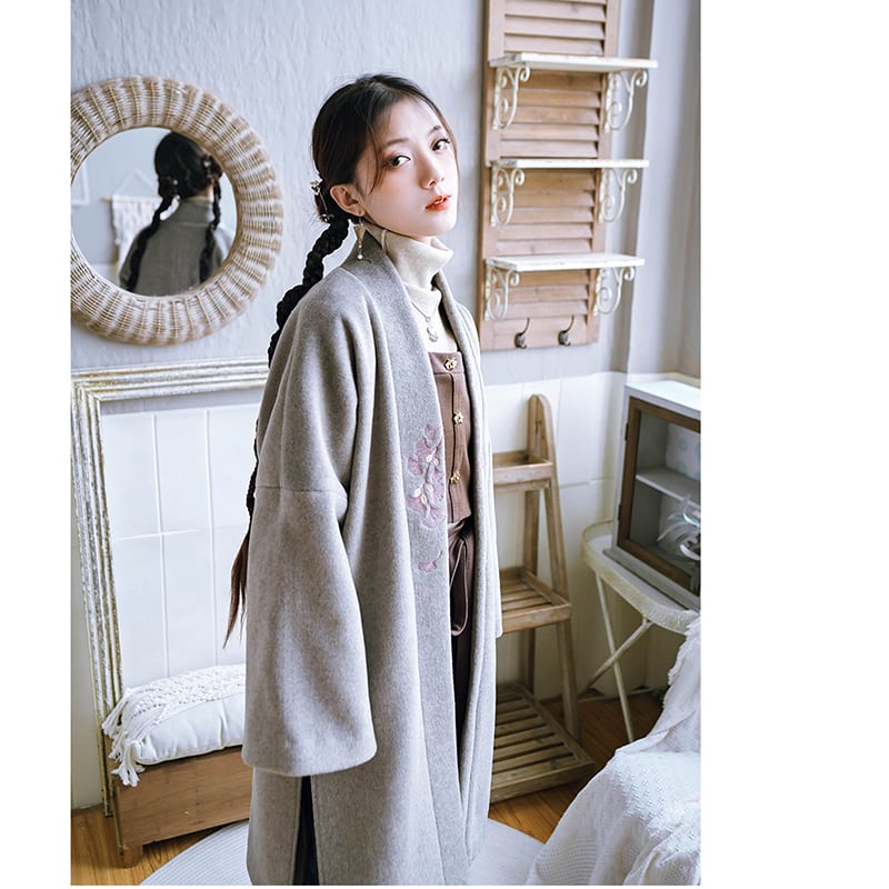 [Kokaisha --- Leaf Series] ★China style coat★ 2color embroidery outerwear long length Hanfu coat black gray