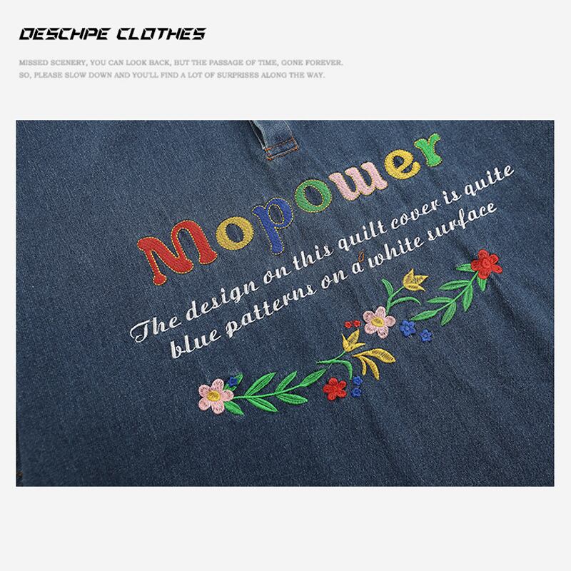 [DESCHPE Series]★Denim Shirt★ POLO Shirt Tops Unisex Men's Embroidery Alphabet Blue Blue