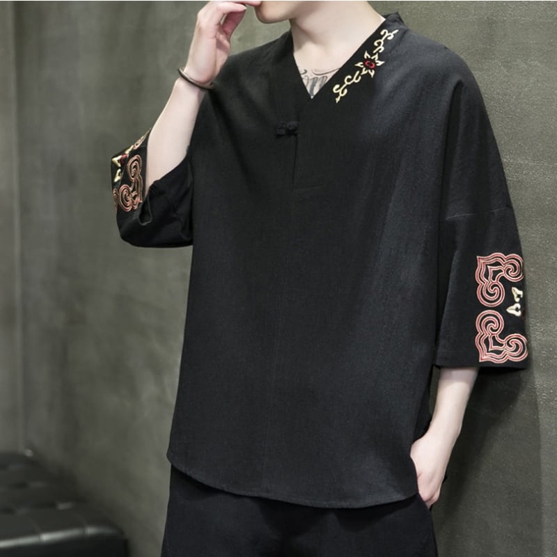 [JUNYI Series]★China style T-shirt★ Tops 3color Unisex Men's Large size Embroidery V neck