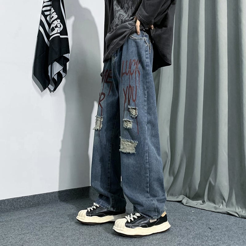 [HANLICHEN Series]★Denim Pants★ Casual Pants Trousers Bottoms Large Size Unisex Men's Graffiti Harajuku Style