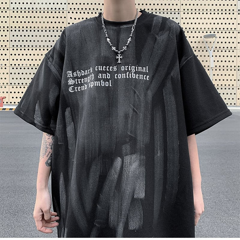 [WENYI Series]★T-shirt★ Tops 2color Unisex Men's Short Sleeve Graffiti Fashion Black Black