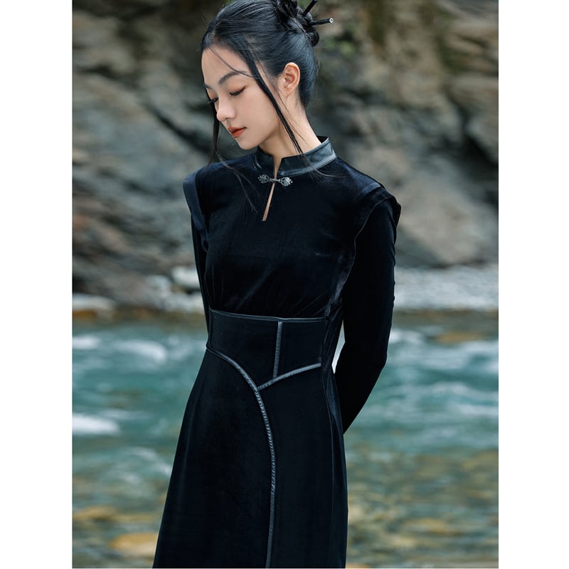 [Da Qinglong Shu Series] ★China-style dress★ Velvet PU switching slimming slit improved cheongsam dress