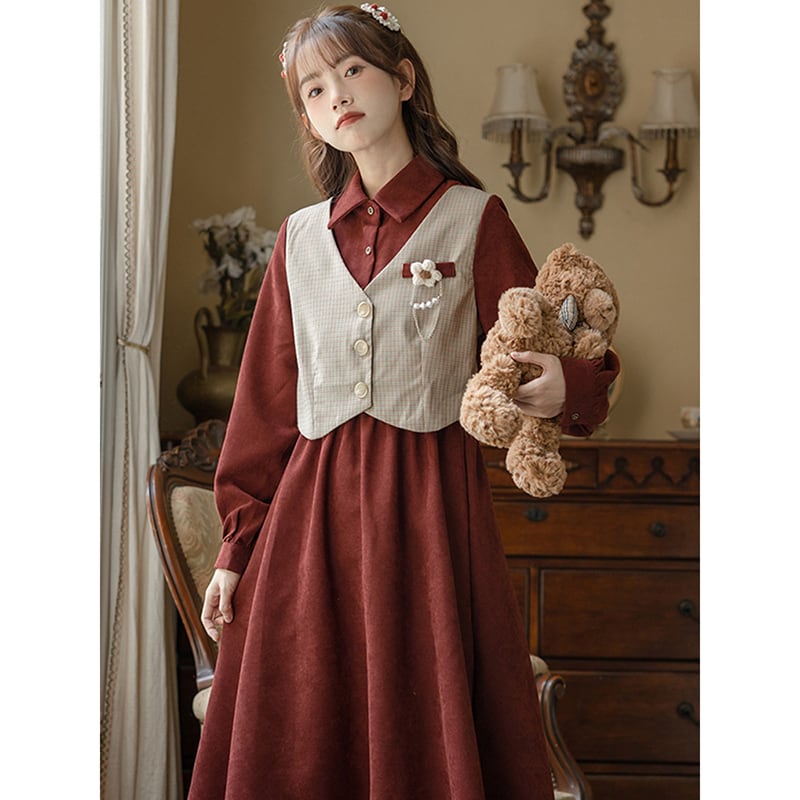 [Minami no Mori Series] ★One Piece★ 2color Faux Layered Fashion Ladies Switching Ribbon Wine Red Khaki Brown