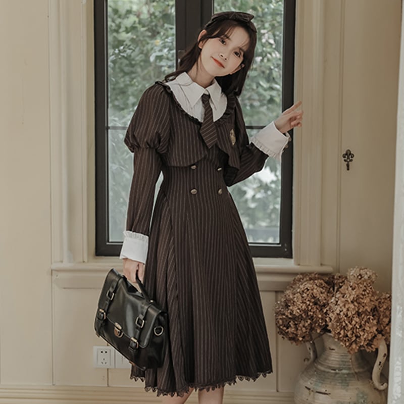 [GOODMORING Series]★Dress with tie★ Faux layered long sleeve dress Cute vertical striped striped pattern