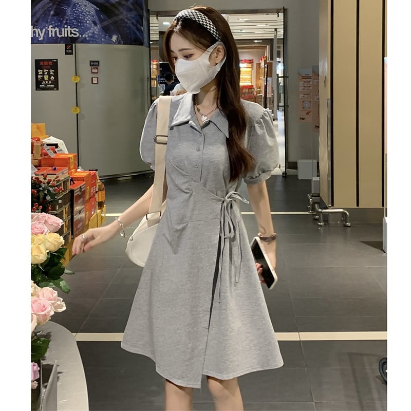 [YIHAO Series] ★Dress ★ 2color Short Sleeve Dress Short Length Dress Women's Gray Black