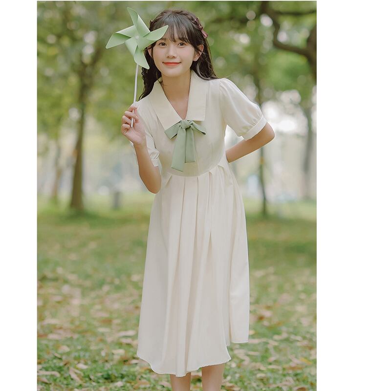 [Han Xuanwei Series] ★One Piece★ 2color Simple Cute Date Ribbon Beige Easy to Match Short Sleeve Dress