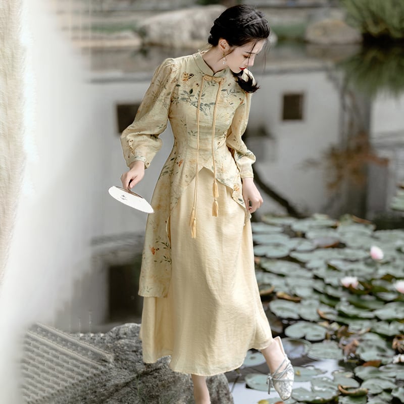 [Az Suna Series] ★Chinese style dress★ Chinese dress print switching SML XL Retro SML XL