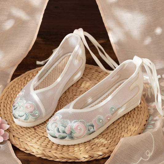 2color Embroidered Shoes, Chinese Shoes, Ethnic Style, Tulle, Summer, Cute, Tang Suit, Chinese Clothes, Size 34-40, Heel 2.5cm